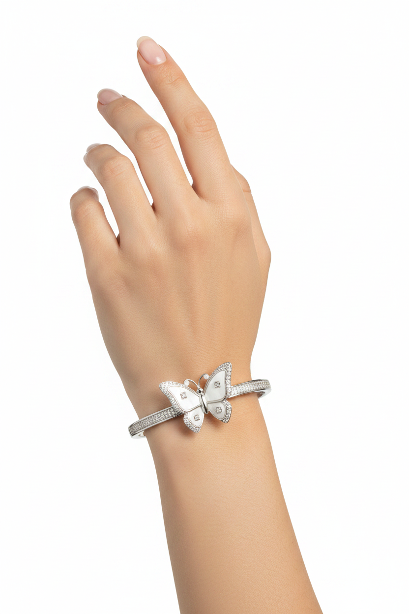 Silver tone butterfly enamel and crystal open front bangle| daily wear