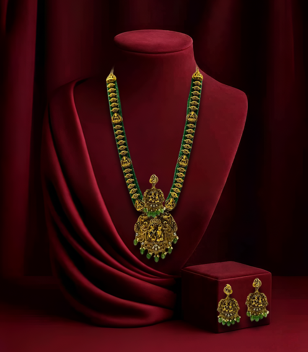 Temple Heritage Green Bead Necklace Set| Premium Bridal Jewellery