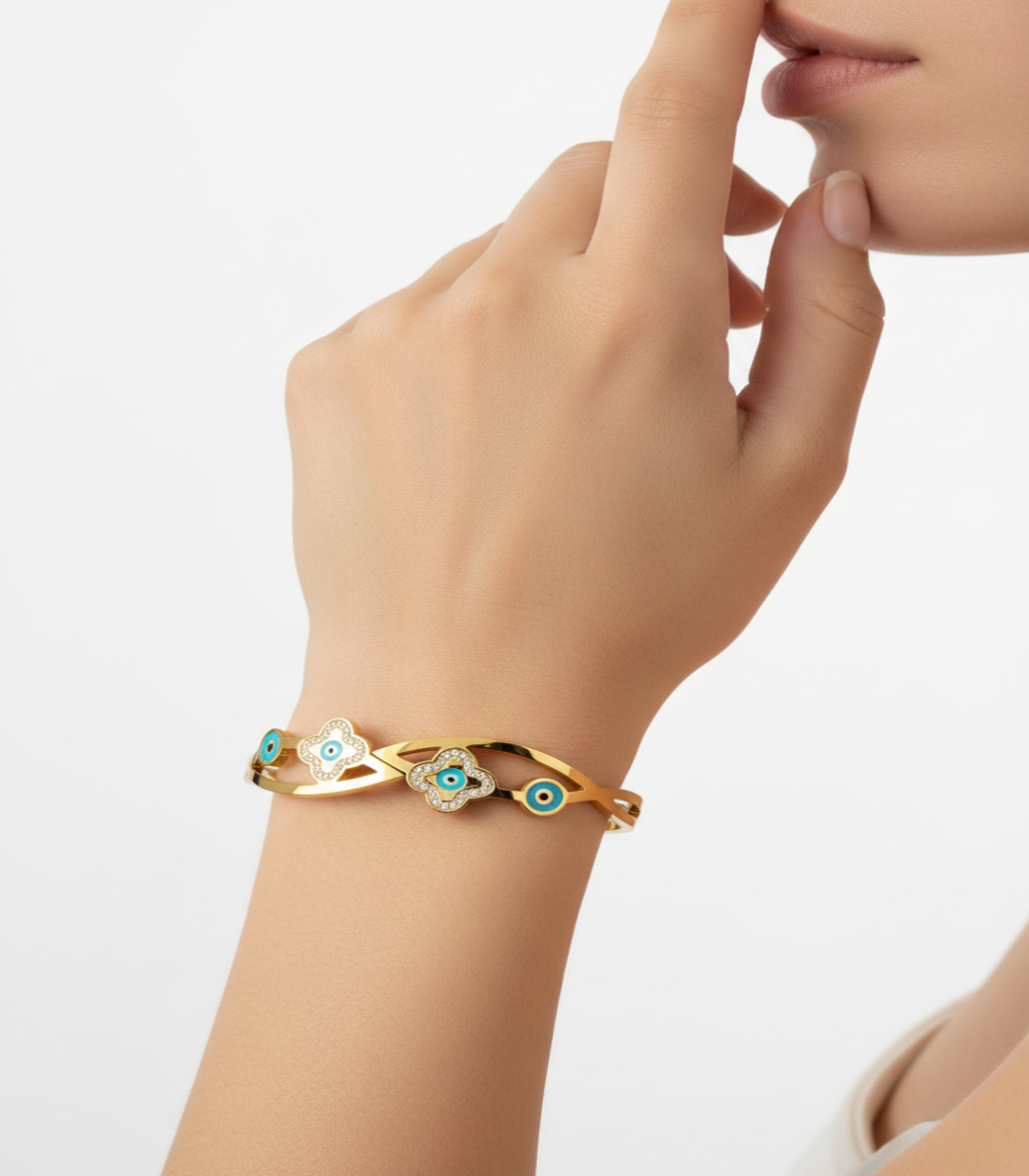 Evil eye clover crystal bangle – gold finish| daily wear